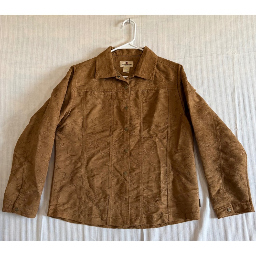 Woolrich Womens Fawn Brown Embroidered Paisley Faux Suede Jacket Size M 2088